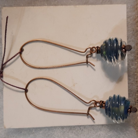 Jewelry - Blue and clear lamp work bead and copper dangles pierced earrings